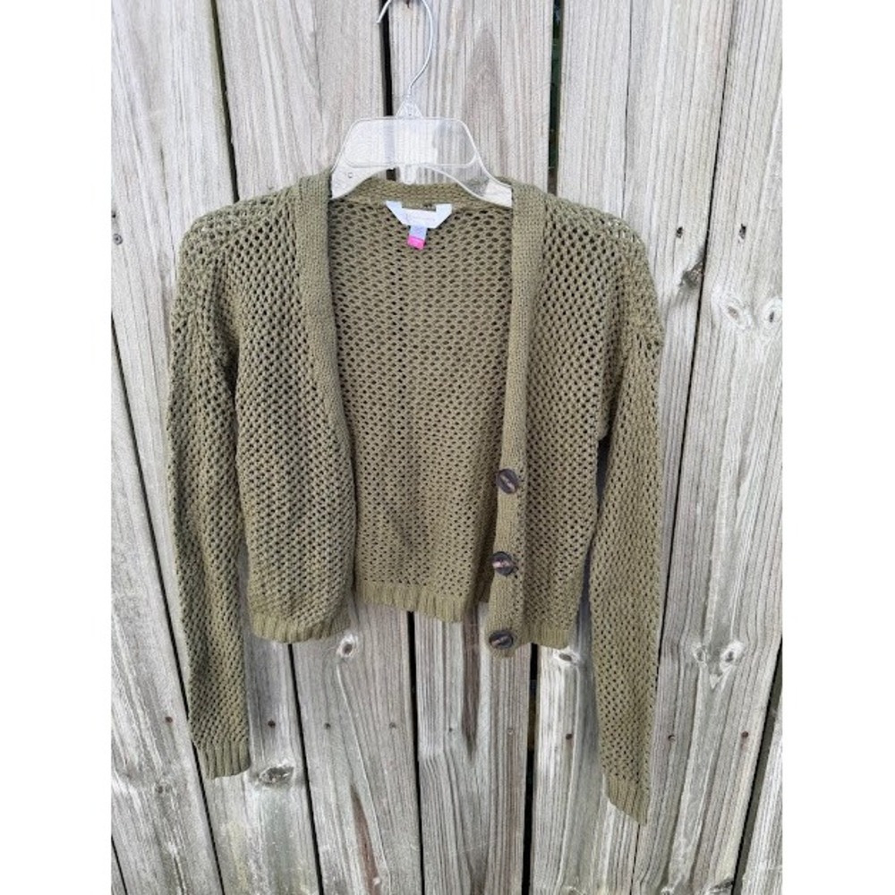 Boho Crochet Open Knit No Boundaries Cardigan XS Olive Mesh Cropped Sweater